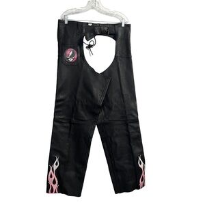 THE GREATFUL DEAD Black Leather Moto Chaps Adjustable X5 Size 16